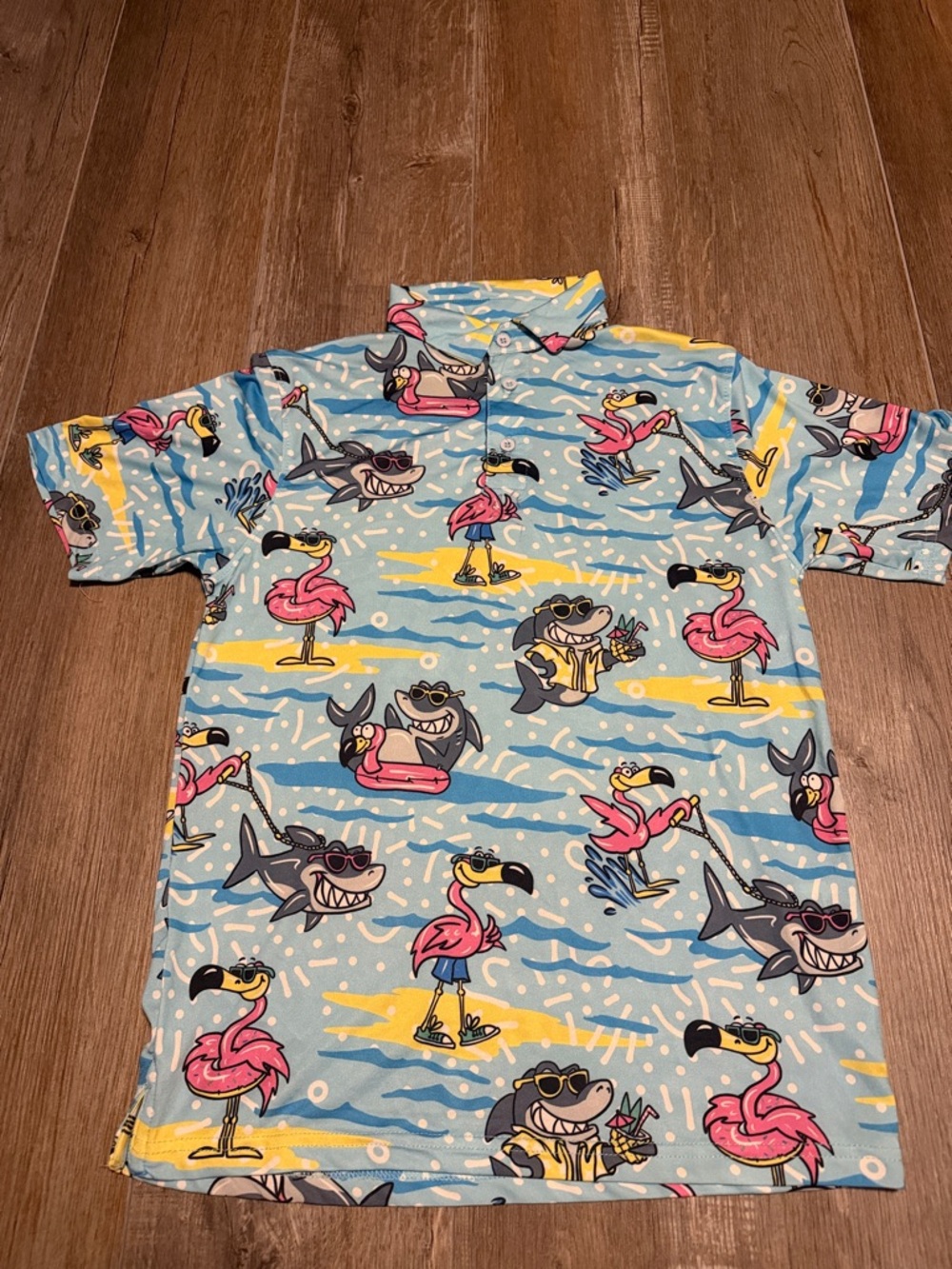 Aeroline Flamingo & Shark Print Button-Up Shirt - Light Blue